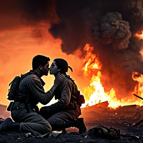 Genre - Emotional/Drama**

Prompt: *A NIKKE squad, silhouetted against a fiery battlefield sunset, comforting a wounded comrade. Focus on the somber expressions and the sense of camaraderie amidst the devastation. Soft, painterly lighting. Include falling debris and smoke for atmosphere.*

**