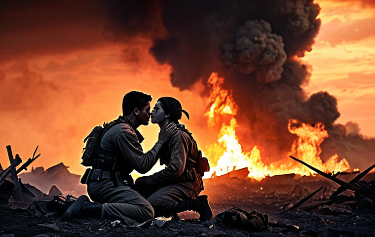 Genre - Emotional/Drama**

Prompt: *A NIKKE squad, silhouetted against a fiery battlefield sunset, comforting a wounded comrade. Focus on the somber expressions and the sense of camaraderie amidst the devastation. Soft, painterly lighting. Include falling debris and smoke for atmosphere.*

**