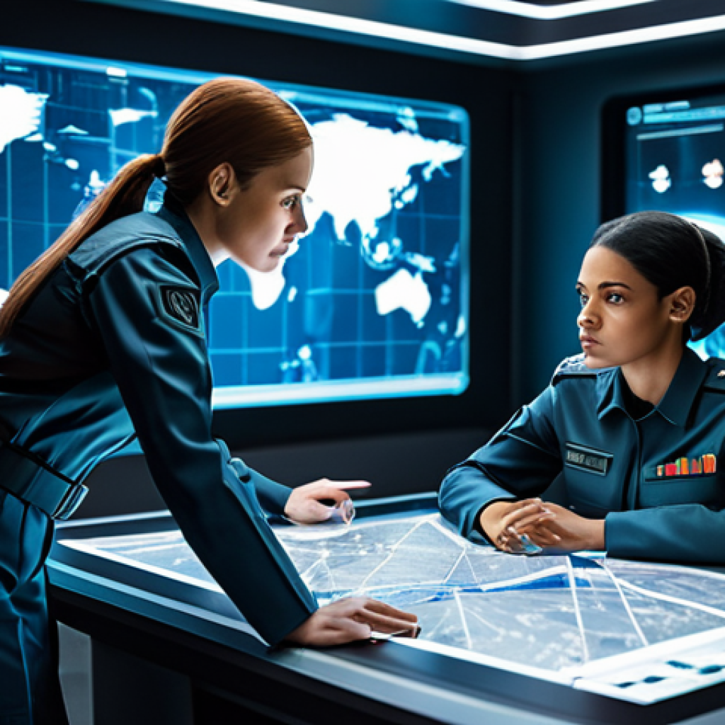 A group of diverse female NIKKE characters, fully clothed in modest, futuristic military-inspired professional attire, gathered around a holographic tactical map in a sleek, high-tech command center. They are engaged in a focused and collaborative strategic discussion, with natural poses and perfect anatomy. The scene is well-lit with cinematic lighting, showcasing correct proportions and well-formed hands. professional photography, high quality, safe for work, appropriate content, family-friendly.