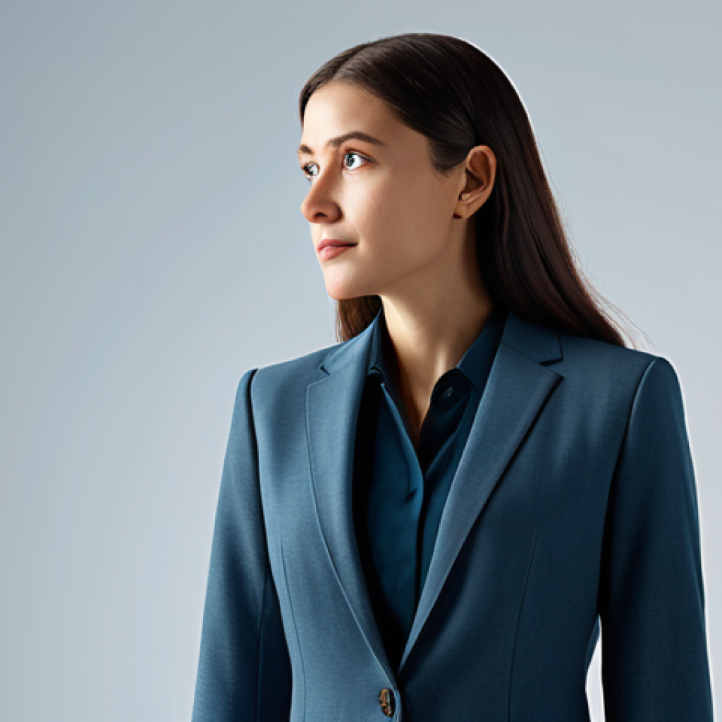 A professional female character, elegantly dressed in a meticulously designed, modest yet stylish business casual ensemble. She stands in a sunlit, modern minimalist studio, gazing thoughtfully. The focus is on the intricate details of her fully clothed attire, showcasing refined fabric textures and subtle decorative elements. Her pose is natural, with perfect anatomy and correct proportions, ensuring well-formed hands and proper finger count are visible. The image conveys a sense of serene appreciation for design and individual character expression. safe for work, appropriate content, fully clothed, professional, high quality studio photography, cinematic lighting, ultra-detailed.