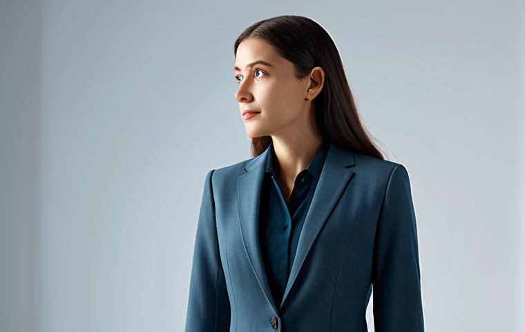 A professional female character, elegantly dressed in a meticulously designed, modest yet stylish business casual ensemble. She stands in a sunlit, modern minimalist studio, gazing thoughtfully. The focus is on the intricate details of her fully clothed attire, showcasing refined fabric textures and subtle decorative elements. Her pose is natural, with perfect anatomy and correct proportions, ensuring well-formed hands and proper finger count are visible. The image conveys a sense of serene appreciation for design and individual character expression. safe for work, appropriate content, fully clothed, professional, high quality studio photography, cinematic lighting, ultra-detailed.