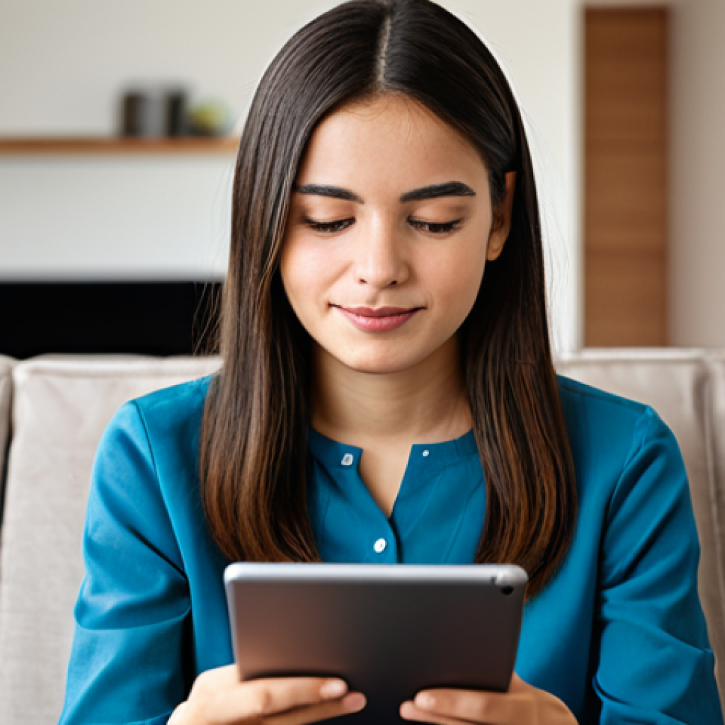 A young professional, fully clothed in a modest, smart casual outfit, is seated comfortably in a well-lit, contemporary living room. They are holding a sleek tablet in their hands, with their gaze focused on the screen, showing a thoughtful and engaged expression. The tablet screen is intentionally blurred to avoid any specific game content, emphasizing the user's interaction. The background features modern furniture and warm, diffused lighting. safe for work, appropriate content, family-friendly, perfect anatomy, correct proportions, natural pose, well-formed hands, proper finger count, natural body proportions, professional photography, high quality.