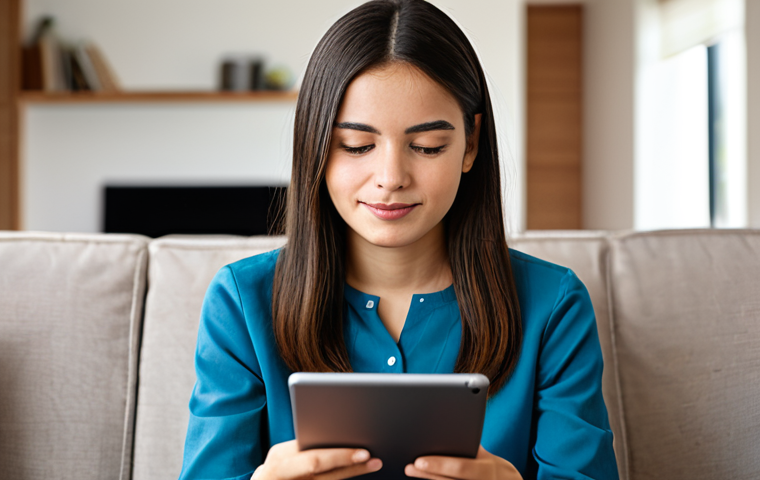A young professional, fully clothed in a modest, smart casual outfit, is seated comfortably in a well-lit, contemporary living room. They are holding a sleek tablet in their hands, with their gaze focused on the screen, showing a thoughtful and engaged expression. The tablet screen is intentionally blurred to avoid any specific game content, emphasizing the user's interaction. The background features modern furniture and warm, diffused lighting. safe for work, appropriate content, family-friendly, perfect anatomy, correct proportions, natural pose, well-formed hands, proper finger count, natural body proportions, professional photography, high quality.
