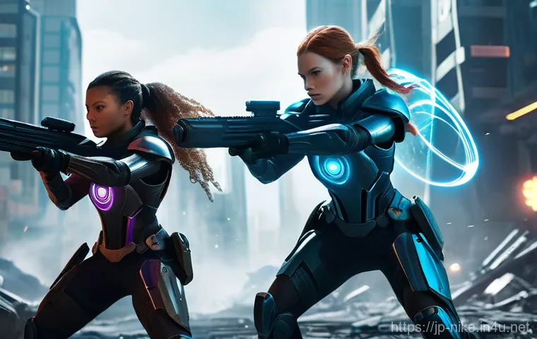 승리의여신 니케 멀티플레이 업데이트 - **Prompt:** A group of four futuristic battle-hardened female soldiers, known as Nikke, in a dynamic...