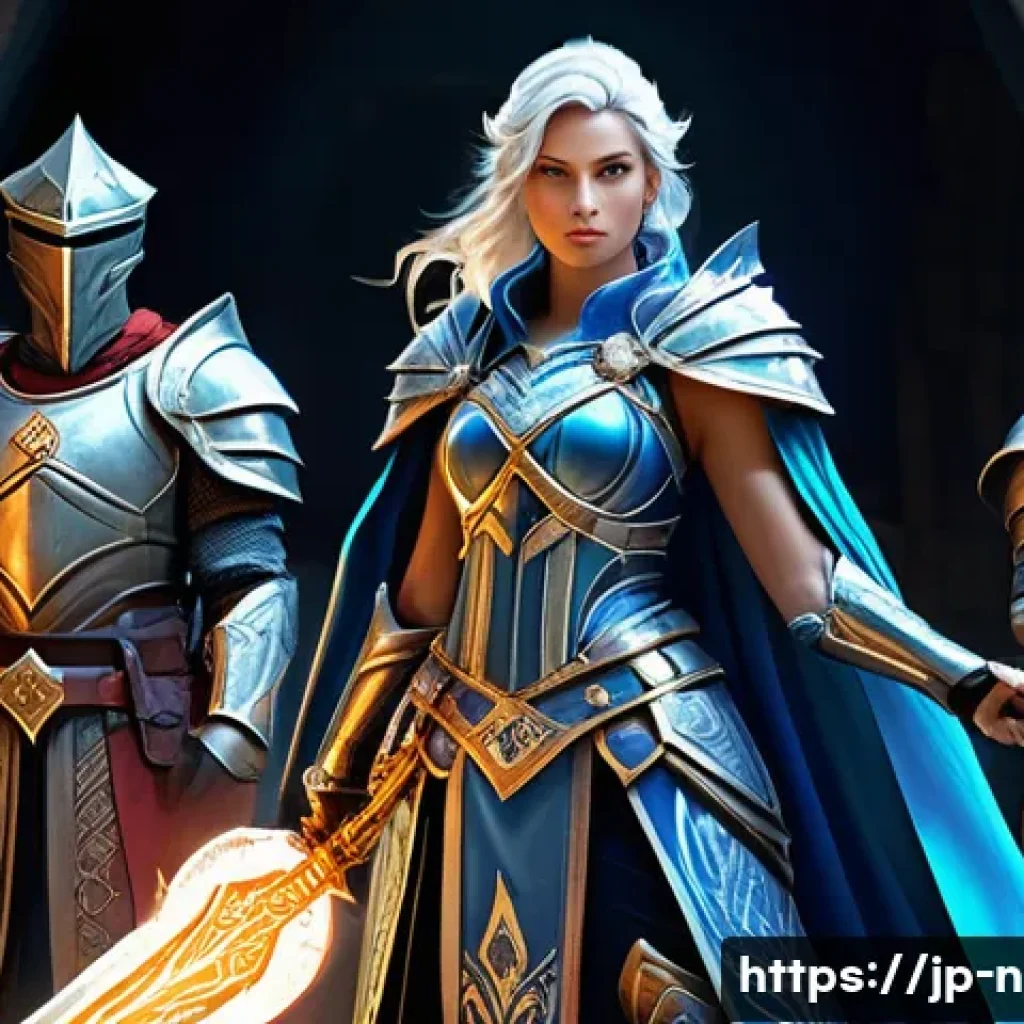 승리의여신 니케 던전 공략법 - A dynamic fantasy RPG party scene featuring four characters in detailed armor and clothing: a female...