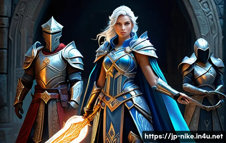 승리의여신 니케 던전 공략법 - A dynamic fantasy RPG party scene featuring four characters in detailed armor and clothing: a female...