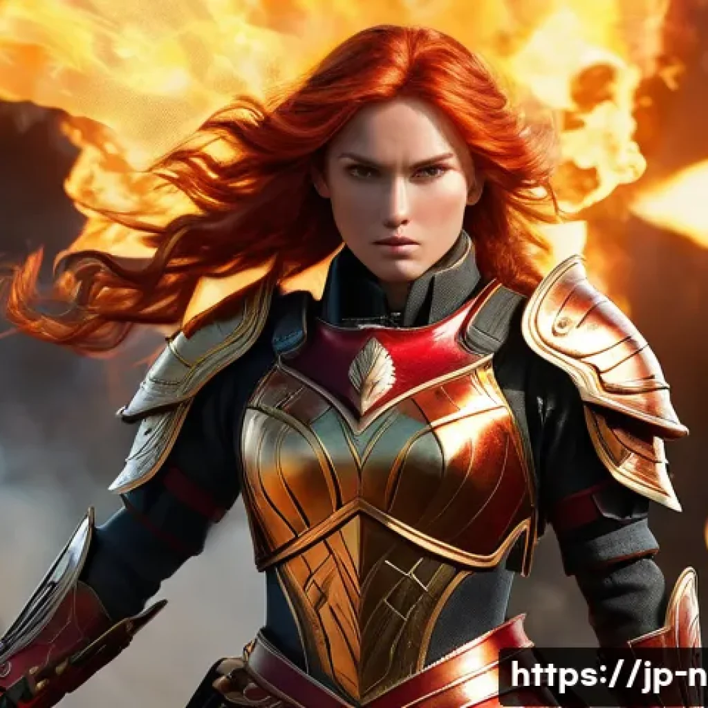 승리의여신 니케 메타 분석 - A fierce female fire-element attacker named Alicia, depicted in dynamic battle pose with flowing red...