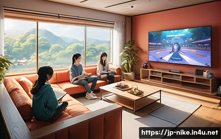 승리의여신 니케 소셜 미디어 홍보 - A vibrant and dynamic scene of a diverse group of enthusiastic gamers in a cozy, modern Japanese-sty...