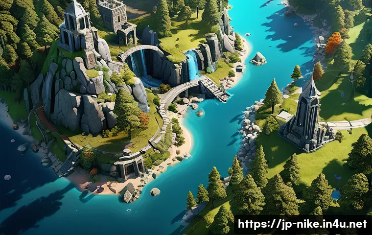 승리의여신 니케 아이템 회수 방법 - A detailed fantasy RPG game scene showing a strategic item collection route on a vibrant, expansive ...
