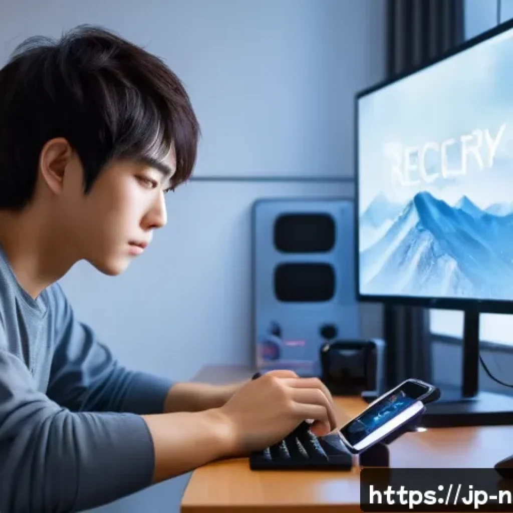 승리의여신 니케 데이터 복원 절차 - A calm Japanese gamer sitting at a modern desk in a cozy room, gently breathing and focusing on thei...