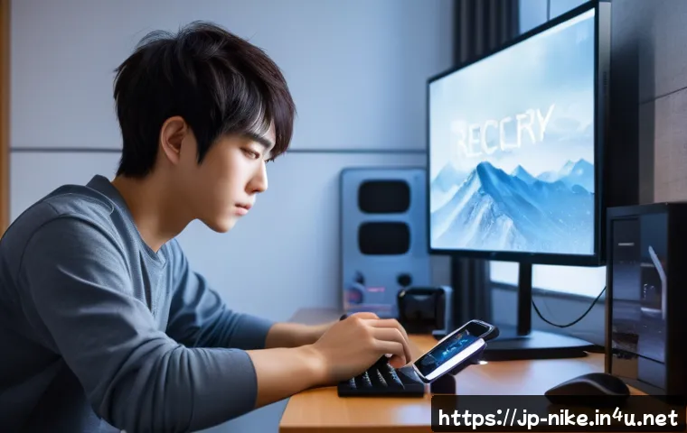 승리의여신 니케 데이터 복원 절차 - A calm Japanese gamer sitting at a modern desk in a cozy room, gently breathing and focusing on thei...