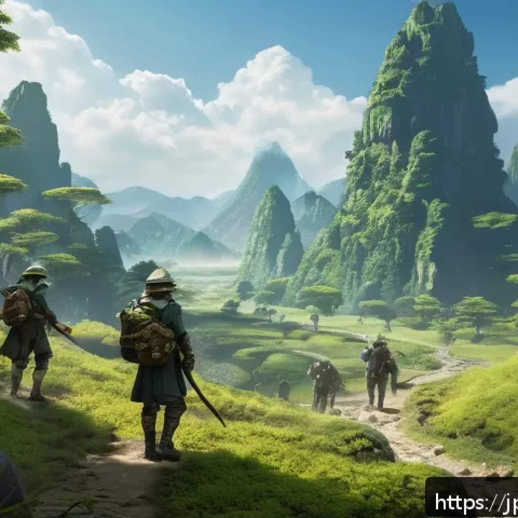 승리의여신 니케 신규 지역 맵 데이터 - A detailed fantasy game map scene showcasing a new diverse terrain area with expansive plains, dense...