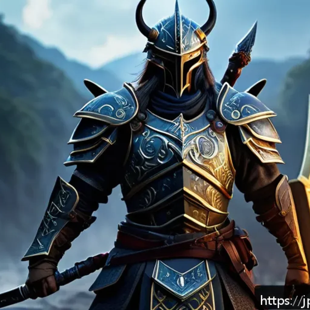 승리의여신 니케 새로운 아이템 효과 - A dynamic fantasy warrior wearing intricately designed new equipment with glowing accents, showcasin...