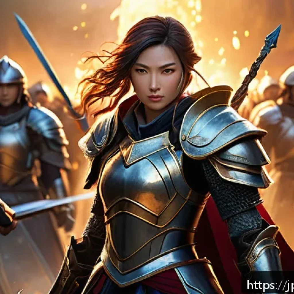 승리의여신 니케 통계 자료 활용 - A balanced fantasy RPG party in a vibrant battle scene, featuring a confident female attacker with s...