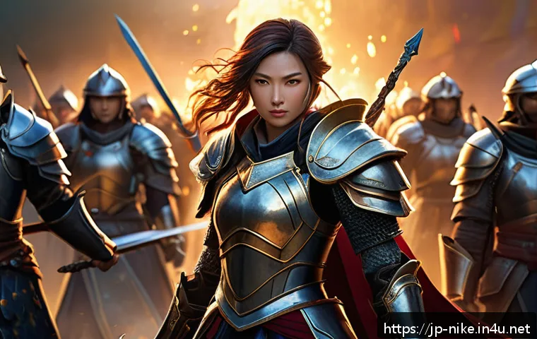 승리의여신 니케 통계 자료 활용 - A balanced fantasy RPG party in a vibrant battle scene, featuring a confident female attacker with s...