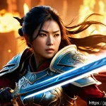 승리의여신 니케 크리티컬 히트 이해하기 - A dynamic fantasy RPG battle scene featuring a skilled female warrior wearing intricately detailed a...