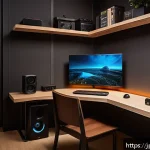 승리의여신 니케 스트리밍 최적화 - A cozy modern Japanese-style room focused on a high-tech gaming setup featuring a sleek Wi-Fi 6 rout...