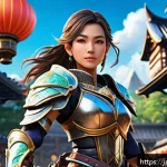 승리의여신 니케 유료 패키지 리뷰 - A vibrant fantasy game scene featuring a confident young female warrior character wearing stylish, d...