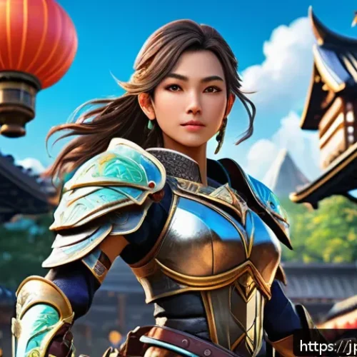 승리의여신 니케 유료 패키지 리뷰 - A vibrant fantasy game scene featuring a confident young female warrior character wearing stylish, d...