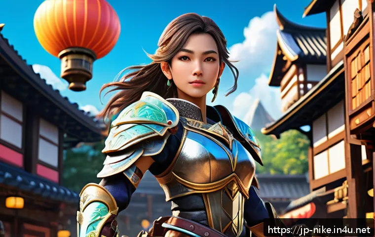 승리의여신 니케 유료 패키지 리뷰 - A vibrant fantasy game scene featuring a confident young female warrior character wearing stylish, d...