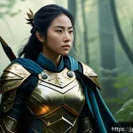 승리의여신 니케 스토리 모드 엔딩 분기 - A detailed illustration of a confident female warrior named Nike standing in a lush fantasy forest a...