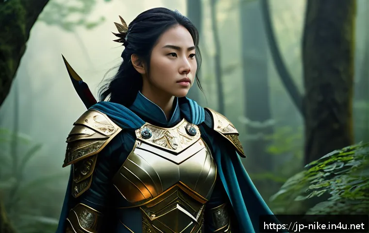 승리의여신 니케 스토리 모드 엔딩 분기 - A detailed illustration of a confident female warrior named Nike standing in a lush fantasy forest a...