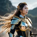승리의여신 니케 컨텐츠 체험 후기 - A graceful and calm goddess standing confidently on a battlefield, wearing elegant, intricately desi...