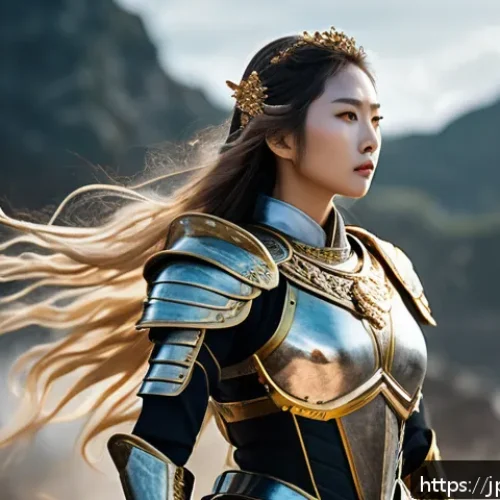 승리의여신 니케 컨텐츠 체험 후기 - A graceful and calm goddess standing confidently on a battlefield, wearing elegant, intricately desi...