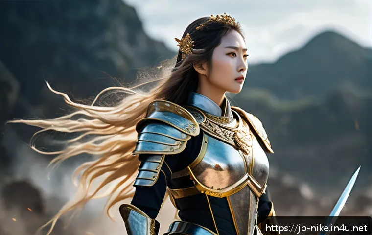 승리의여신 니케 컨텐츠 체험 후기 - A graceful and calm goddess standing confidently on a battlefield, wearing elegant, intricately desi...