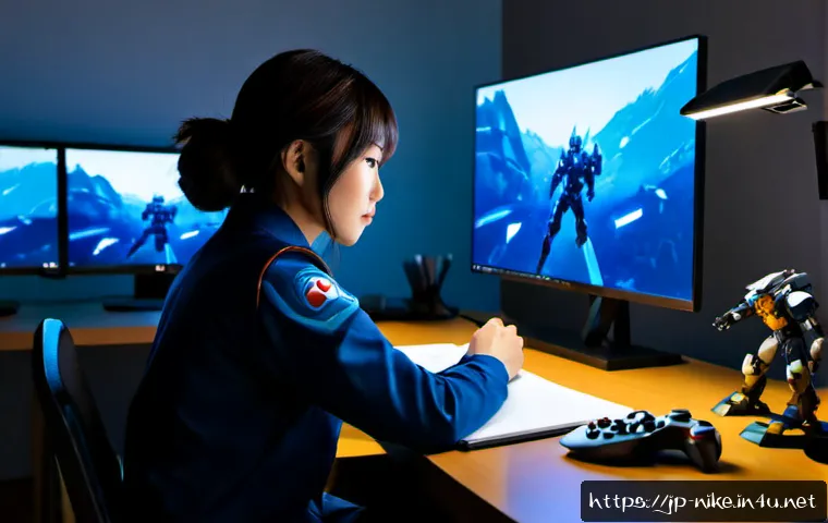 승리의여신 니케 플레이 가이드 제작 - Photorealistic Japanese gaming content creator at a clean desk, reviewing a futuristic mobile sci-fi...