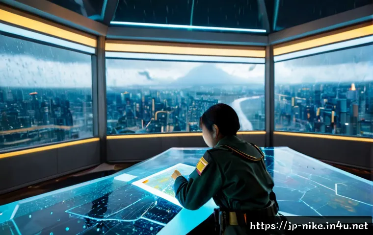 승리의여신 니케 AI 적대자 전술 분석 - Photorealistic futuristic military strategy room, a focused female tactical analyst in modest armore...
