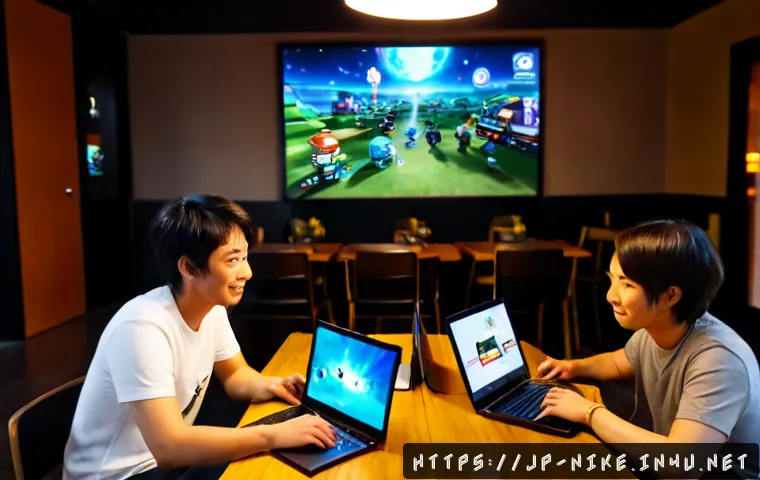 승리의여신 니케 글로벌 유저 의견 - Photorealistic evening scene of a diverse group of adult gamers from different countries joining a f...